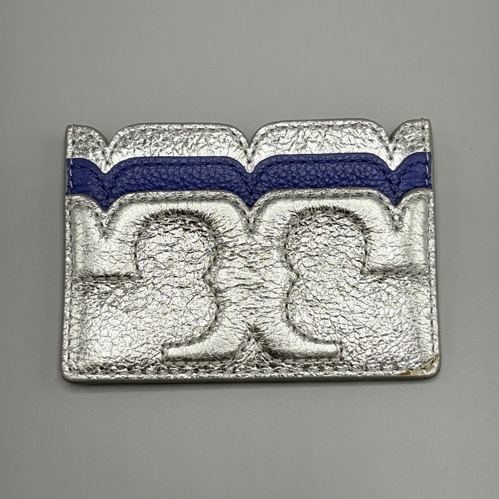 TORY BURCH Womens Scalloped Logo Card Holder in Blue Metallic Leather